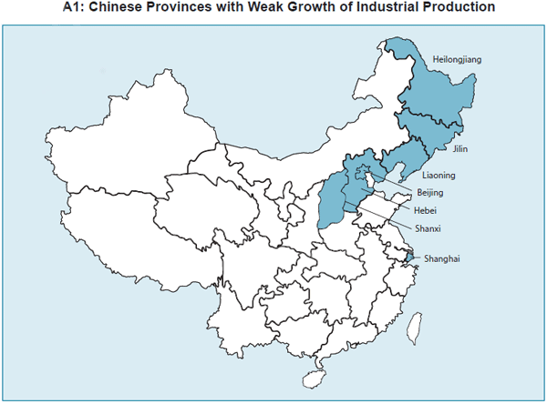 Figure A.1: depicts a map of China where seven provinces are highlighted in blue to indicate weak growth of industrial production. These seven provinces are: Heilongjiang, Jilin, Liaoning, Beijing, Hebei, Shanxi, and Shanghai.