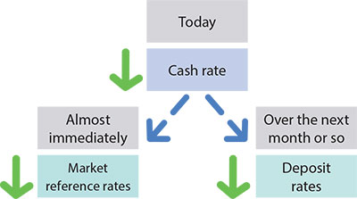  Diagram showing transmission of a cut in the cash rate to market
										 reference rates and deposit rates. Market reference rates are shown to adjust
										  lower almost immediately and deposit rates adjust lower over the next month or so. 