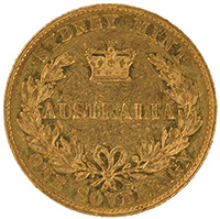 9. A gold sovereign coin, produced in 1855 at the Sydney Mint.