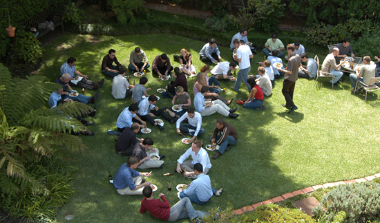 Photograph showing Graduate supervisors and staff from the 2003 GDP joining the 2005 GDP orientation week BBQ.
