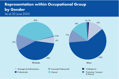Graph showing representation within occupational group by gender as at 30 June 2005.