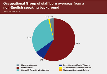 Graph showing representation within occupational group by staff born overseas from a non-English speaking background as at 30 June 2008.