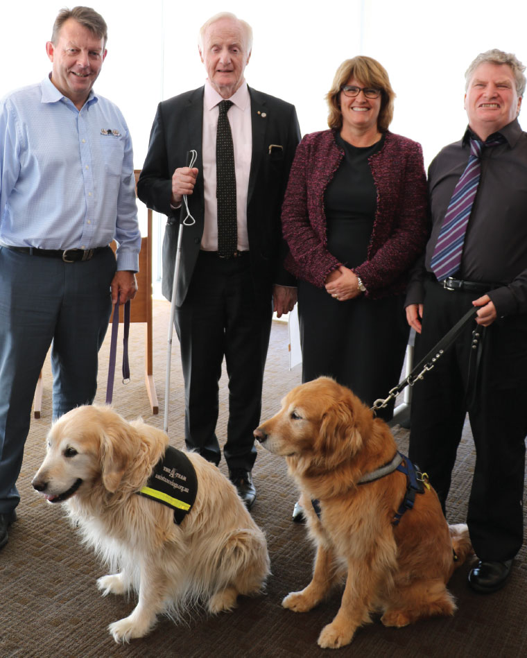 (From left) Richard Lord (CEO, Assistance Dogs Australia), Emeritus Professor Ron McCallum AO, Assistant Governor (Financial System) Michele Bullock (Executive Sponsor, Accessibility ERG) and Nick Gleeson, Motivational Speaker, were part of a panel discussion held at the Bank celebrating International Day of People with Disability, Sydney, December 2017