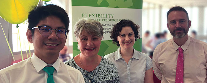 Members of the Flexibility ERG, ready to greet staff in the cafeteria at Head Office during ERG week (from left) Max Prakoso, Deborah Harvey (Chair – ERG Flexibility), Bernadette Donovan and Joshua Hutley