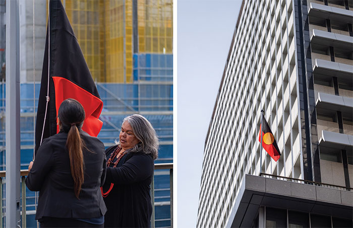 (Top from left) Wayne Byres (Payments System Board member and APRA Chairman), Governor Philip Lowe, Shakeela Williams and Susan Moylan-Coombs (granddaughter of the Bank's first Governor, HC Coombs) at the flag raising ceremony during Reconciliation Week, Sydney, May 2018