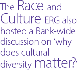 The Race and Culture ERG also hosted a Bank-wide discussion on ‘why does cultural diversity matter?’
