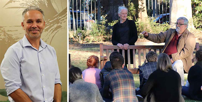 (Left) Consultant Dave Widders facilitated Indigenous Cultural Awareness workshops for Bank staff; (right) The Indigenous Australians ERG hosted a discussion circle with Aboriginal elders, Aunty Fran and Uncle Gavin, for staff to hear how Indigenous Australians have adapted to climate change throughout history, June 2019