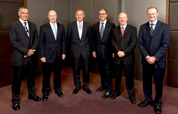 Photograph: Members of the Payments System Board attending the August 2007 Board meeting at the Bank's Head Office in Sydney. From left to right, John Poynton, Glenn Stevens (Chairman), Robert McLean, Joe Gersh, John Laker and Philip Lowe.