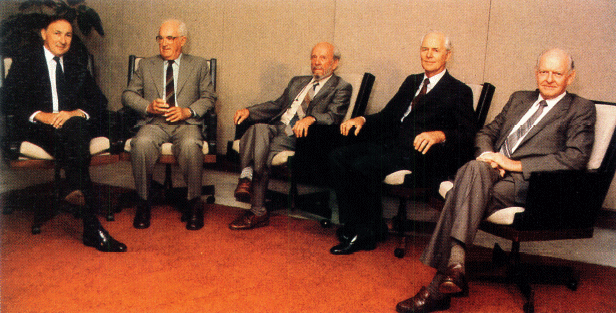 Governors Past and Present — on Dr Coombs' 80th birthday (L to R) R.A. Johnston (Gov. since 1982), Sir John Phillips (1968–75), H.C. Coombs (1949–68), Sir Harold Knight (1975–82), D.N. Sanders (Dep. Gov. since 1975).