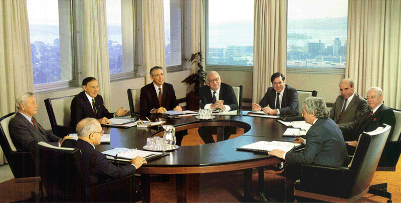 (Clockwise from centre foreground) C.H. Fitzgibbon, J.N. Davenport, R.A. Johnston, M.J Phillips, Sir Peter Abeles, R.G. Gregory, B.W. Fraser, Sir Gordon Jackson, W.J. Kelty.