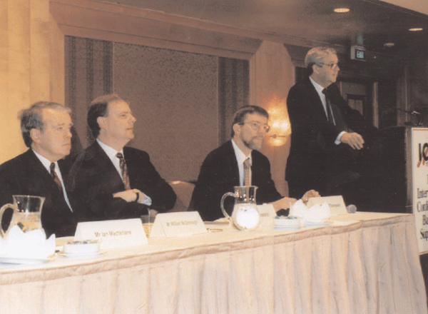The International Conference of Banking Supervisors, jointly hosted by the Reserve Bank and APRA in Sydney in October 1998: (left to right) William McDonough, President of the Federal Reserve Bank of New York and Chairman of the Basel Committee on Banking Supervision; The Hon Peter Costello, Federal Treasurer; Graeme Thompson, Chief Executive of the APRA; and Governor Ian Macfarlane.