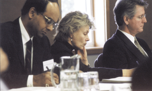 Participants at the RBA's 1999 Conference (left to right): Tharman Shanmugaratnam of the Monetary Authority of Singapore, RBA Board Member, Jillian Broadbent and APRA Chairman, Jeff Carmichael.