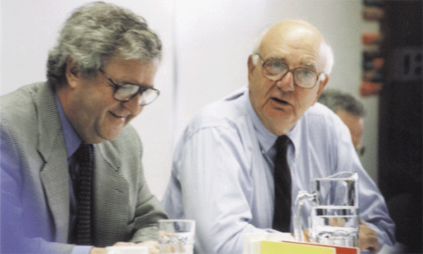 At the RBA's 1999 Conference on ‘Capital Flows and the International Financial System’, the Governor with former Chairman of the US Federal Reserve Board, Paul a Volcker.