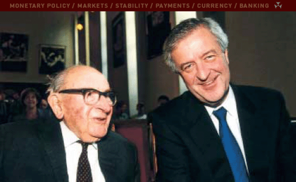 The Governor with the late Sir Leslie Melville in March 2002, when the Governor gave the Inaugural Sir Leslie Melville Lecture at the Australian National University, to coincide with Sir Leslie's 100th birthday. Sir Leslie had an association with the Bank stretching from 1931 to 1975, first as Economist and later as a Board member.