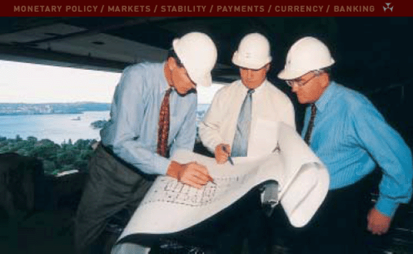 Major refurbishment works at the RBA's Head Office. From left: Richard Mayes, Head of Facilities Management; John Pick, project manager; Frank Campbell, Assistant Governor (Corporate Services) are pictured on the gutted 19th floor.