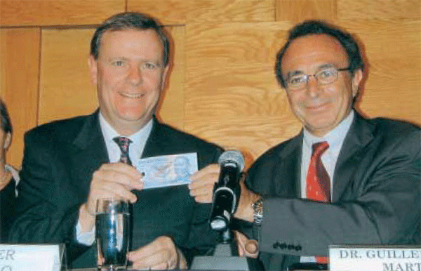 In September 2002 in Mexico City, the Governor of Banco de Mexico, Dr Guillermo Ortiz Martinez, and Australian Treasurer, Peter Costello, launched the Mexican 20 peso note, printed on polymer substrate produced by Securency.