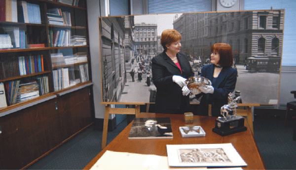 RBA Archives' staff, Virginia MacDonald and Cheryl Lindwall, reviewing possible exhibits for the new Museum of Australian Currency Notes.
