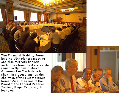 Photograph: The Financial Stability Forum held its 15th plenary meeting and also met with financial authorities from the Asia-Pacific region in Sydney in March. Governor Ian Macfarlane is shown in discussions, as the chairman of the FSR meetings, former Vice Chairman of the Board of the Federal Reserve System, Roger Ferguson, Jr, looks on.
