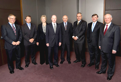 Photograph: Members of the Reserve Bank Board attending the August 2007 Board meeting at the Bank's Head Office in Sydney. From left to right, Graham Kraehe, Warwick McKibbin, Jillian Broadbent, Glenn Stevens (Governor and Chairman), Ric Battellino (Deputy Governor), Ken Henry (Secretary to the Treasury), Donald McGauchie and Roger Corbett