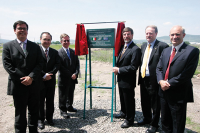 Photograph: Fist Stone ceremony at the construction site of Securency's joint-venture substrate plant in Queretaro, Mexico. Graeme Thompson, Securency Chairman (fourth from left), Myles Curtis, Securency Managing Director (fifth from left) and Hon Neil Mules, Australian Ambassador to Mexico (third from left), with senior representatives of Banco de Mexico and government.