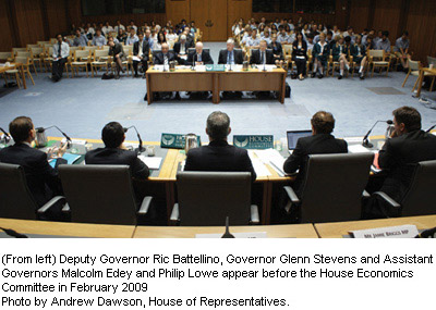 (From left) Deputy Governor Ric Battellino, Governor Glenn Stevens and Assistant Governors Malcolm Edey and Philip Lowe appear before the House Economics Committee in February 2009 Photo by Andrew Dawson, House of Representatives