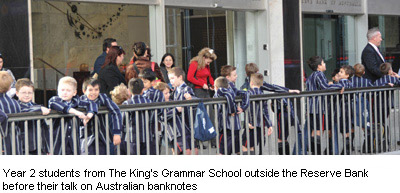 Photograph: Year 2 students from The King's Grammar School outside the Reserve Bank before their talk on Australian banknotes