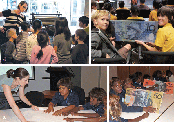 1. Nina Jackman, Information Department, takes a group of children through the Museum, April 2013 2. Year five students from Balmain Public School on a visit to the Museum, June 2013 3. Amanda Martz, Note Issue Department, with some of the children from Willowra in the Northern Territory who visited the Museum in November 2012 4. Some of the children listen to Bank staff talk about banknote security features and the production process, November 2012