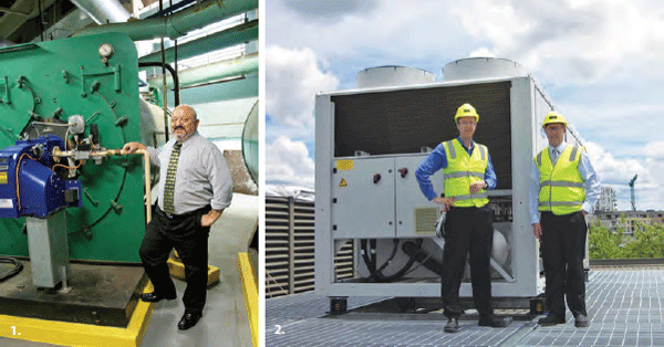 1. Claude Pelosi, Facilities Management Department, with one of the gas-fired boilers in Head Office, April 2013 2. David Stanton (left) and Jamie Moorby, Facilities Management Department, on the roof of the Canberra building with the new air-conditioning chiller