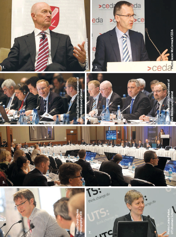 1. Governor Glenn Stevens at an Economic Society of Australia (Queensland) Business Luncheon, July 2013 2. Assistant Governor (Economic) Christopher Kent addresses a CEDA conference, February 2014 3. Deputy Governor Philip Lowe at a G20 meeting, February 2014 4. Deputy Governor Philip Lowe and Governor Glenn Stevens with Treasurer The Hon Joe Hockey MP and Barry Sterland PSM, Australia's G20 Finance Deputy, at a G20 meeting, February 2014 5. The then Head of Economic Research Department, Alexandra Heath, speaks at the Bank's annual conference on ‘Financial Flows and Infrastructure Financing’, March 2014 6. Assistant Governor (Financial Markets) Guy Debelle at the Forum on Perspectives on Financial Markets, November 2013 7. The Head of Financial Stability Department, Luci Ellis, speaks at the Paul Woolley Centre for the Study of Capital Market Dysfunctionality Conference, October 2013