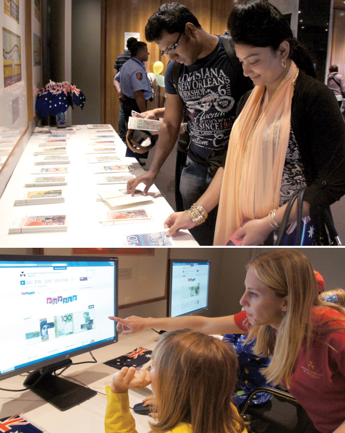(Image above) visitors to the Museum of Australian Currency Notes, Australia Day 2015; (image below) Note Issue Department's Amanda Evans assisting a visitor to navigate the Banknotes microsite