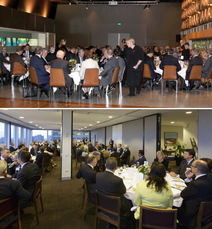 (Image above) the Reserve Bank Board hosted a dinner with senior members of the Adelaide community at the Exhibition Hall, National Wine Centre for Australia, September 2014; (image below) the Board with senior members of the Sydney community, at a dinner at the Bank's Head Office, December 2014