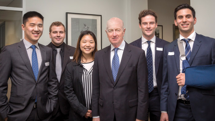 Governor Glenn Stevens launched the Banking and Finance Oath Young Ambassador Program, which is designed to create a closer link between current and future leaders in the banking and finance industry. He is with, from left, Martin Foo, Thomas Guy, Sarah Park, Alex Hasiotis and Edward Sainsbery, August 2015