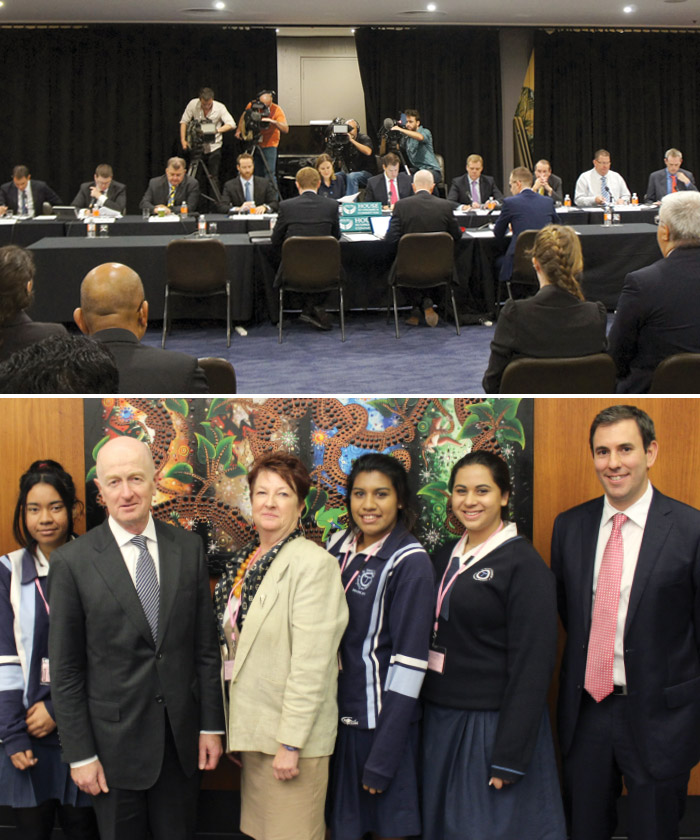 (Image above) Governor Glenn Stevens (centre), Deputy Governor Philip Lowe (left) and Assistant Governor (Economic), Christopher Kent (right), at a regular hearing of the House of Representatives Standing Committee on Economics; (image below) the Governor and a member of the House of Representatives Standing Committee on Economics, Dr Jim Chalmers MP (right), with students from St Francis College, Crestmead, Brisbane – from left, Rachael Bentley, Melonie Gabrielle and Dorrycie Prakash – who attended the hearing of the Committee with their teacher, Ms Christine Rolfe (centre), August 2014