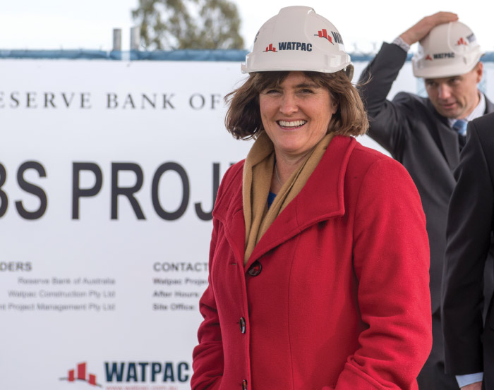 Assistant Governor (Currency), Michele Bullock, and Mark Baker, CFO, Watpac Limited, builder of the new National Banknote Site, in Craigieburn, Victoria, June 2015
