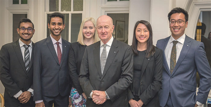 The Banking and Finance Oath 2016/17 Young Ambassadors program presented by Governor Glenn Stevens (centre) (from left) Treshan Fernando, Yaishvi Rooprarain, Amy Rodda, Tram Bui, Dominic Tran, April Buckley (absent)