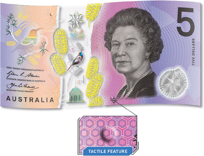 The new $5 banknote has one raised bump on each long edge of the banknote