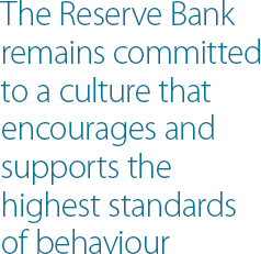 The Reserve Bank remains committed to a culture that encourages and supports the highest standards of behaviour