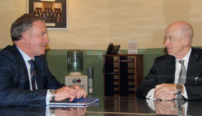 Tasmanian Premier Will Hodgman (left) and Governor Glenn Stevens (right) following a meeting of the Reserve Bank Board in Hobart, April 2016
