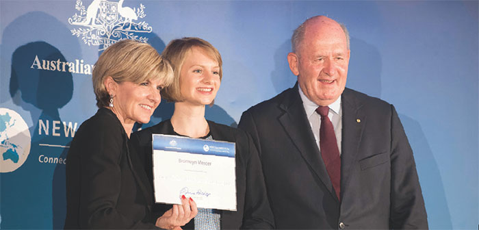 Reserve Bank Information Technology Department Security Analyst Bronwyn Mercer is awarded a New Colombo Plan scholarship from the Minister for Foreign Affairs, the Hon Julie Bishop MP, and the Governor-General, His Excellency General the Honourable Sir Peter Cosgrove AK MC (Retd), October 2015