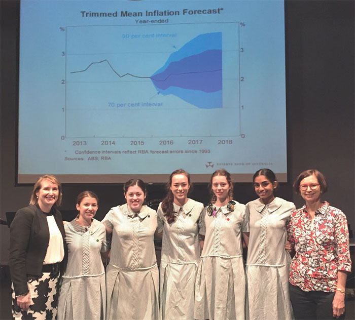 Senior Representative, Queensland Office, Karen Hooper (left) and Year 12 economics students with Ailsa Shield, Head of Social Science, Clayfield College, Brisbane, March 2016