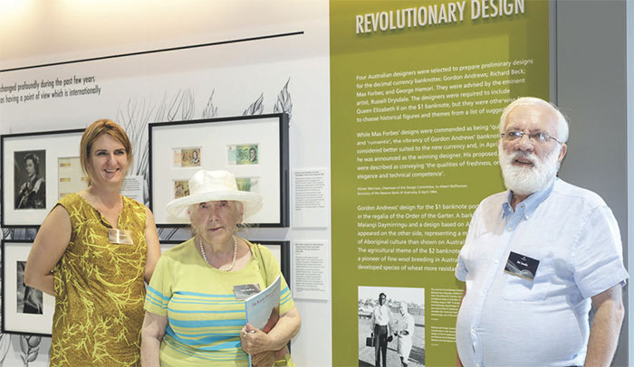 (Image top) Guy Warren AM with the portrait of Charles Kingsford Smith he rendered for Gordon Andrews' design of the first decimal $20 banknote; (image above, from left) Sophie Coombs, Janet Coombs AM and Jim Coombs, family of former Reserve Bank Governor Dr HC Coombs, standing alongside <em>The Decimal Revolution</em> exhibition, February 2016