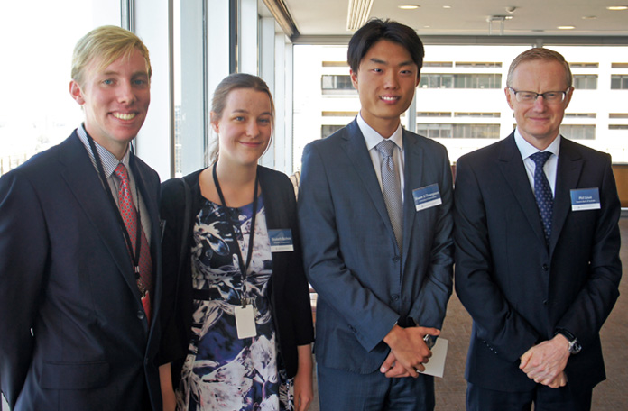 Governor Philip Lowe with winners of the 2016 RBA/ESA Economics Competition (from left) Timothy Grey, Elizabeth Baldwin and Shaun Ji-Thompson, October 2016
