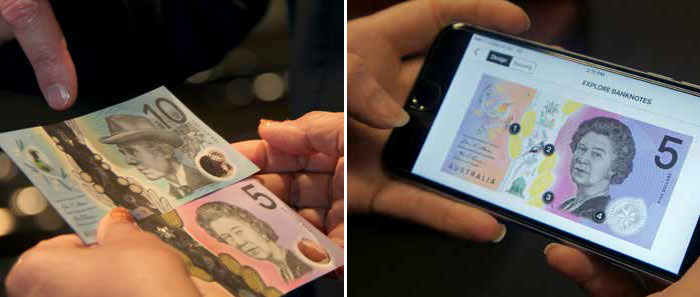 (Left) Banknote equipment manufacturers attended presentations where they could see the new banknote designs before they were publicly released, and were given access to test material; (right) The RBA Banknotes app was launched to coincide with the release of the $5 banknote