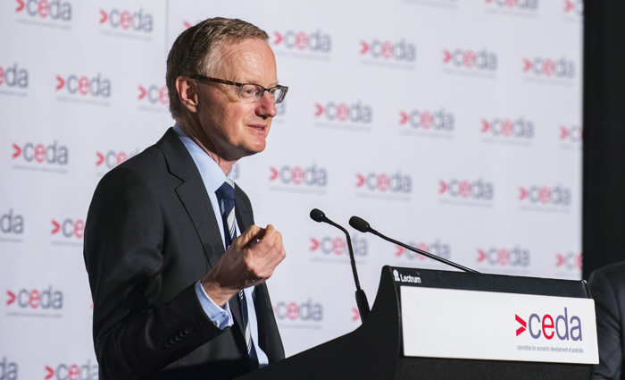 (Top) Governor Philip Lowe addresses the CEDA Annual Dinner, November 2016; (above) Deputy Governor Guy Debelle speaking about the FX Global Code of Conduct at a Thomson Reuters industry event, June 2017