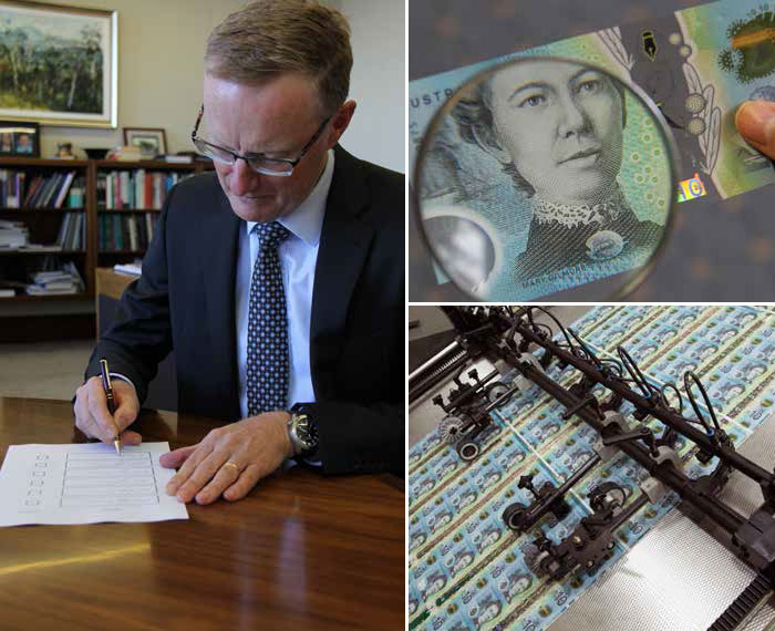 (Left) Governor Philip Lowe providing samples of his signature for the new $10 banknote; (top right) The new $10 banknote has microprint in multiple locations, including excerpts from AB ‘Banjo’ Paterson's and Dame Mary Gilmore's poetry; (bottom right) The new $10 banknote in production ahead of entering general circulation on 20 September 2017