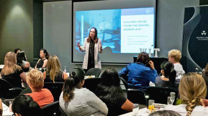 (Top) Chief Information Officer Sarv Girn speaking at a Reserve Bank IT Town Hall event, March 2017; (above) Around 60 women from the IT Department attended a presentation by MIT Research Scientist Dr Kristine Dery, organised by the Reserve Bank's Women in Technology community, December 2016