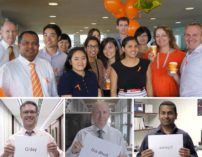 (Top) Members of the Race and Cultural Identity ERG on Harmony Day (from left) Chris Aylmer (Executive Sponsor), Aman Chandra, Daniel Ji, Siew Geck Phua, Claudia Theresia, Claudia Seibold, Rhea Chakrabarty, Christine Chang, Joel Pillar, Kanwaljit Bathh, Lily Yang, Sarah Hepburn and Juraj Vidovenec, March 2017; Promoting Harmony Day: (above left) Deputy Governor Guy Debelle; (above centre) Head of Risk and Compliance Department Chris Aylmer; (above right) Deputy Head of IT Department Gayan Benedict