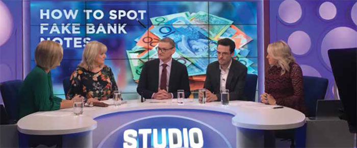 Assistant Governor (Business Services) Lindsay Boulton (centre) discusses banknote counterfeit detection on <em>Studio 10</em> with presenters Sarah Harris, Denise Scott, Joe Hildebrand and Angela Bishop, May 2018