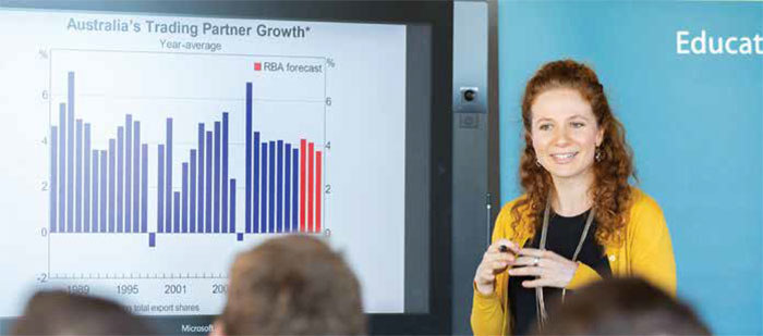 (Top) Economist Alexandra Brown presents to students; (above left) Senior Research Manager Giancarlo La Cava addresses teachers at the Bank's Teacher Immersion Event, Sydney, June 2018; (above right) a participant at the Bank's 2018 Teacher Immersion Event, Sydney, June 2018