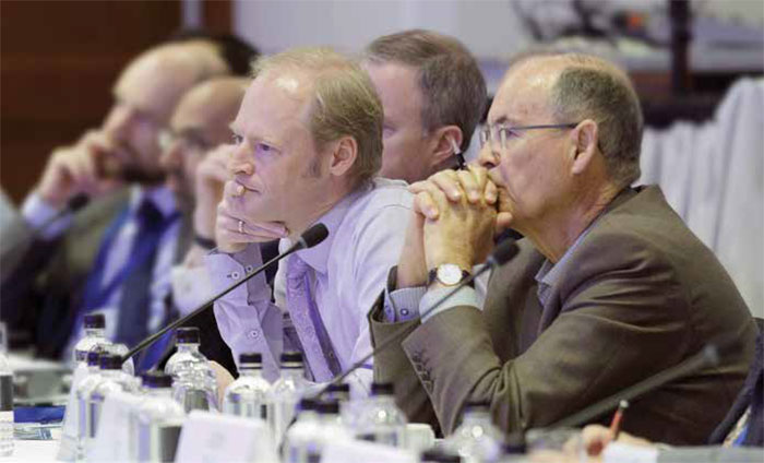 Head of Economic Research John Simon (centre) and Reserve Bank Historian Selwyn Cornish (right) at the annual Reserve Bank conference, Sydney, April 2018